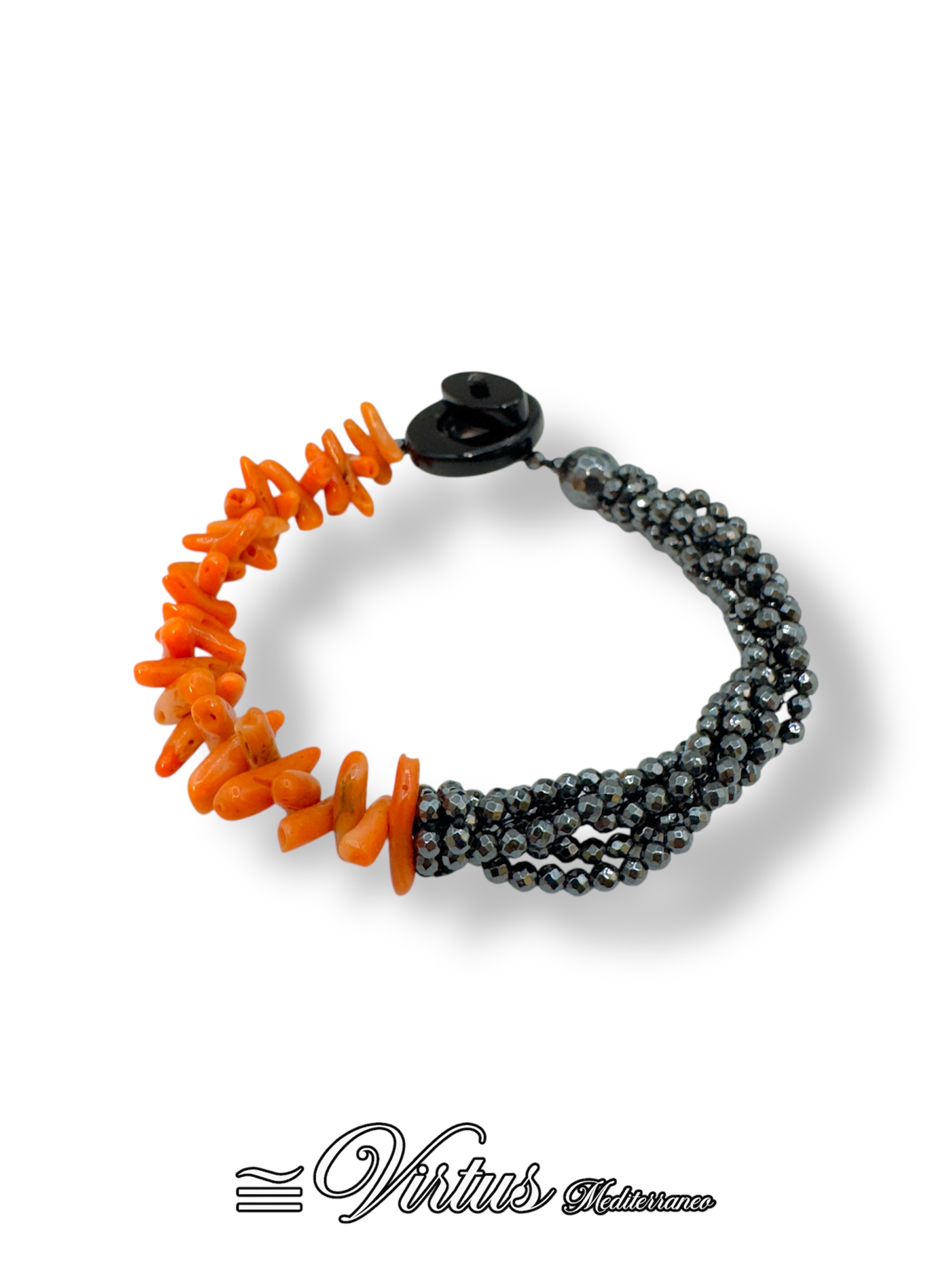 Bracciale corallo Sciacca con ematite naturale e chiusura in onice