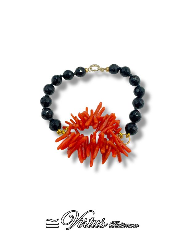 Bracciale Virtus Mediterraneo: Corallo Sciacca e Onice, Argento 925