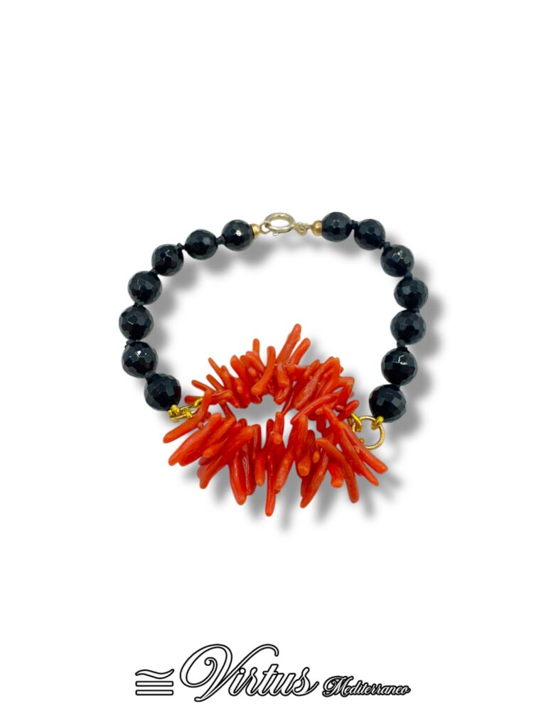 Bracciale Virtus Mediterraneo: Corallo Sciacca e Onice, Argento 925