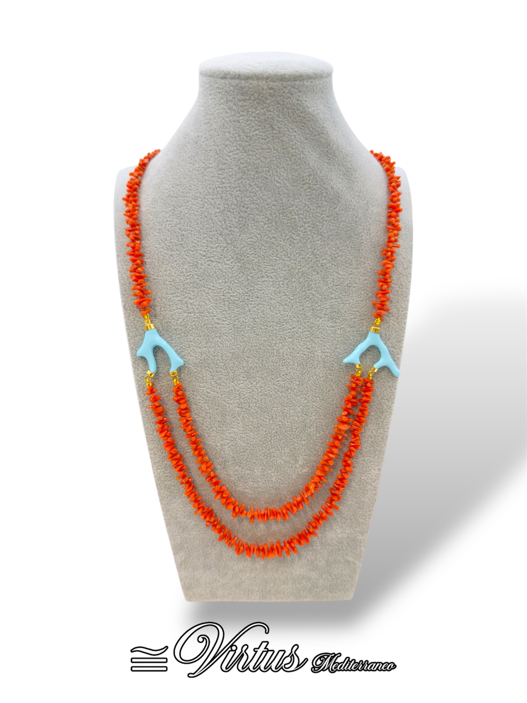 Collana artigianale corallo Sciacca a due fili e pasta turchese