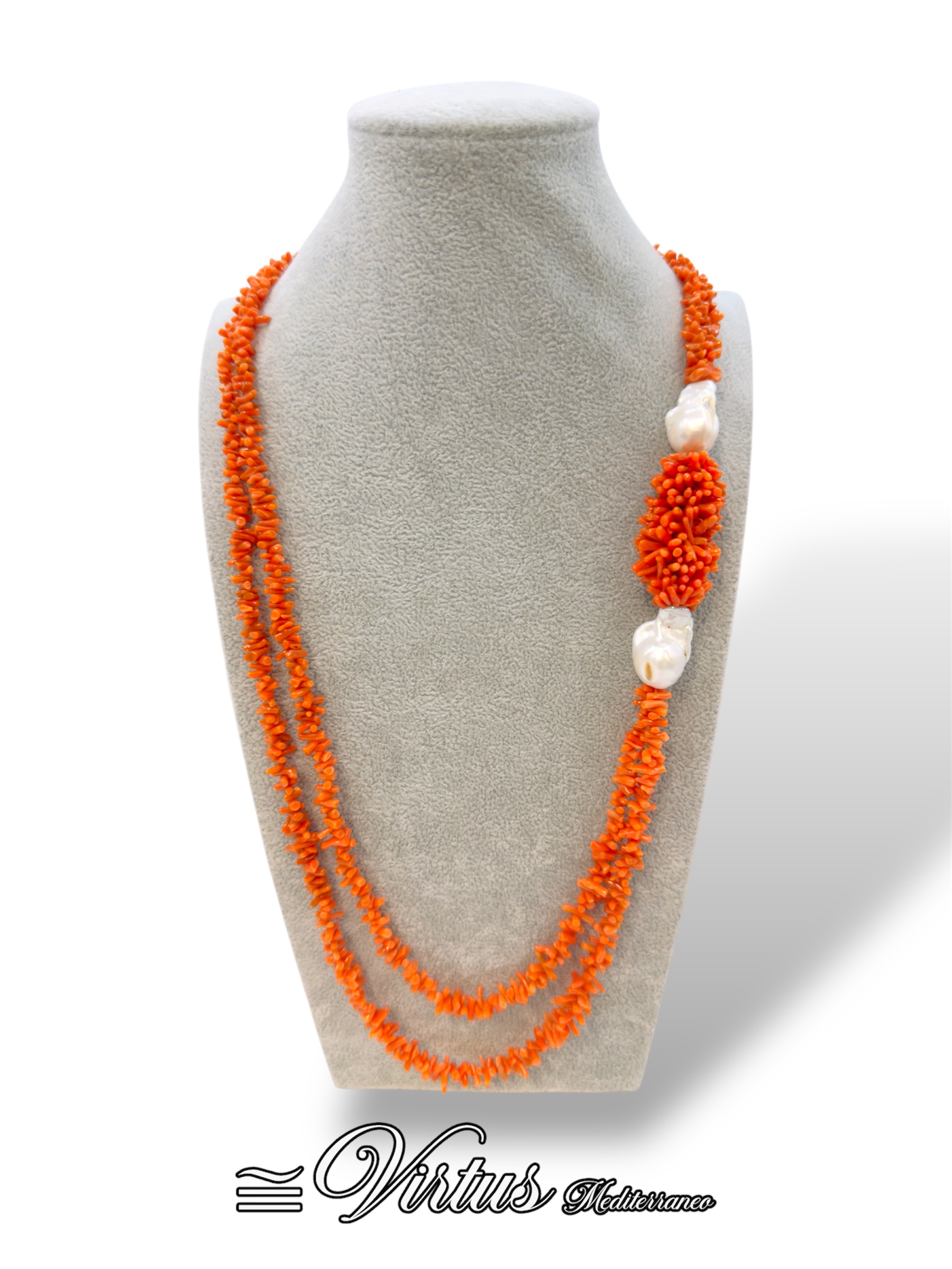 Collana artigianale corallo Sciacca con tessitura e perle barocche