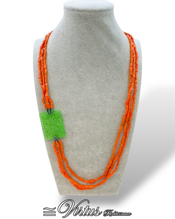 Virtus Mediterraneo: Collana Corallo Sciacca, Ematite e Giada, Argento 925