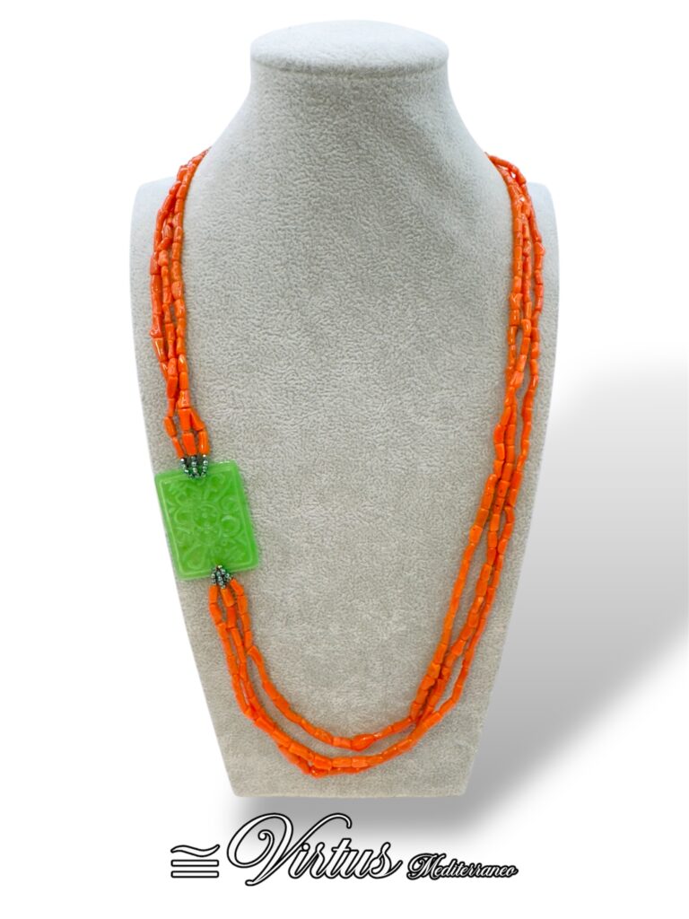 Virtus Mediterraneo: Collana Corallo Sciacca, Ematite e Giada, Argento 925