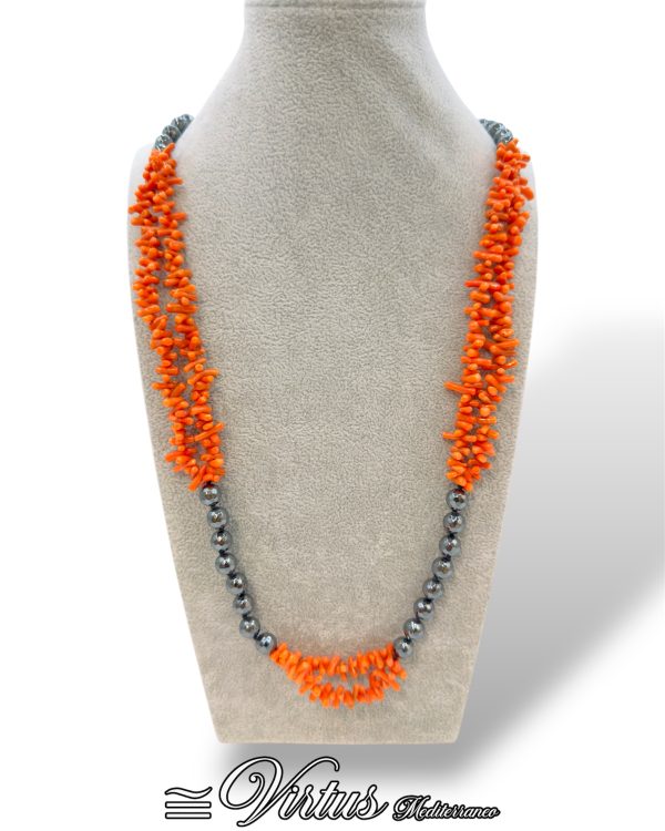 Collana Virtus Mediterraneo: Corallo Sciacca e Ematite, Argento 925