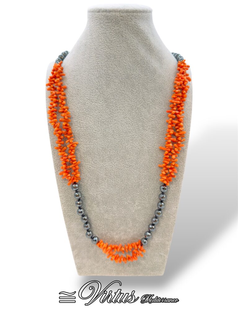 Collana Virtus Mediterraneo: Corallo Sciacca e Ematite, Argento 925