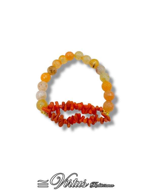 Bracciale elastico artigianale corallo Sciacca e agata gialla striata