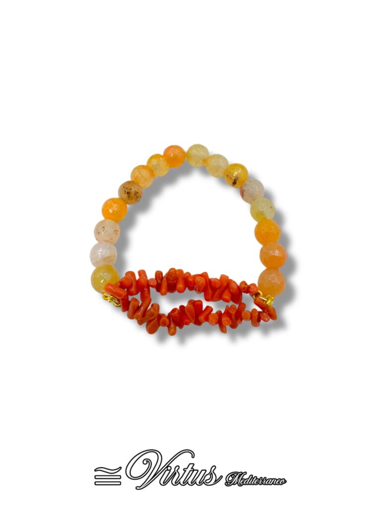 Bracciale elastico artigianale corallo Sciacca e agata gialla striata