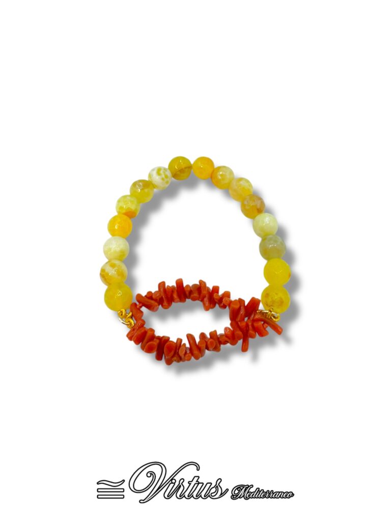 Bracciale Elastico Virtus Mediterraneo: Corallo Sciacca e Agata Giallo Fire