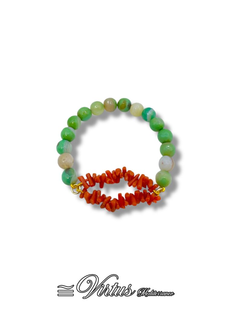 Bracciale Elastico Virtus Mediterraneo: Corallo Sciacca e Agata Verde