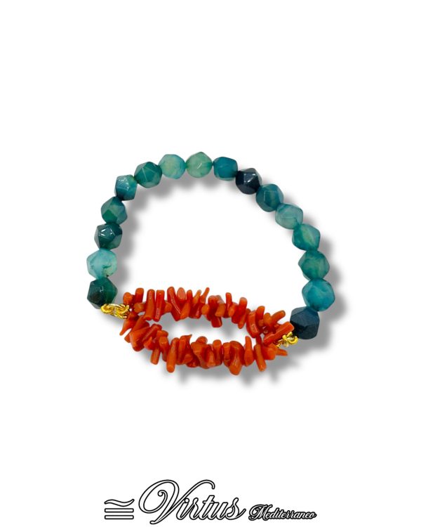 Bracciale elastico artigianale corallo Sciacca e agata blu