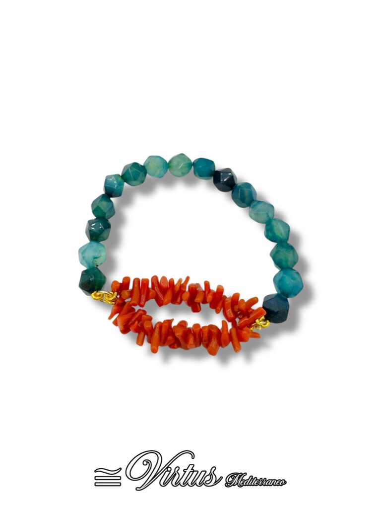 Bracciale elastico artigianale corallo Sciacca e agata blu