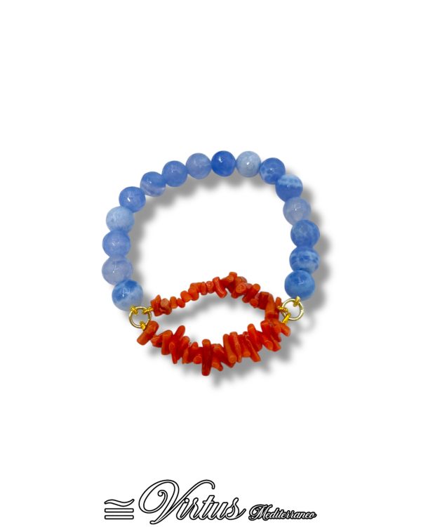 Bracciale elastico artigianale corallo Sciacca e agata azzurra striata