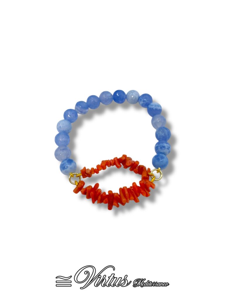 Bracciale elastico artigianale corallo Sciacca e agata azzurra striata