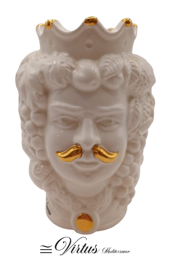 Virtus Mediterraneo: Testa di Moro Doppo Volto Uomo e Donna Oro e Bianco in Ceramica Artigianale