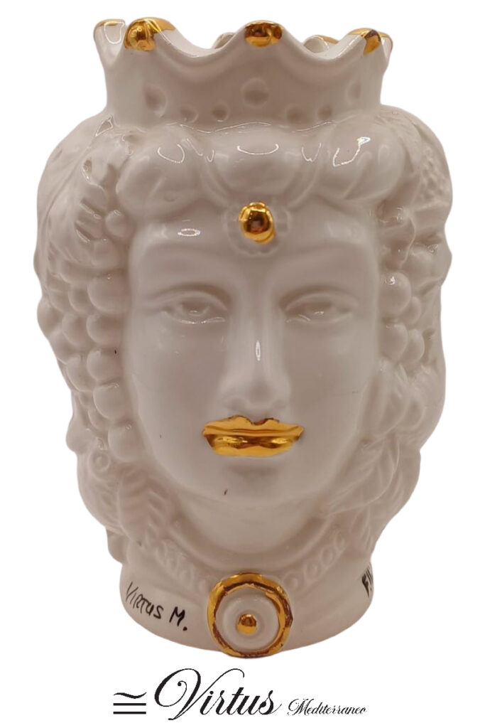 Virtus Mediterraneo: Testa di Moro Doppio Volto Uomo e Donna Oro e Bianco in Ceramica Artigianale