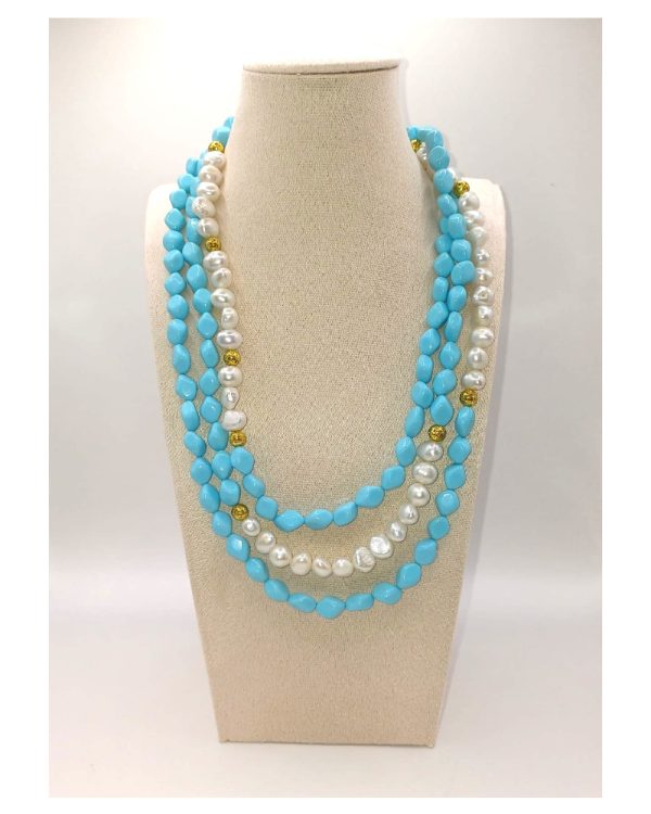 Collana Perle di acqua dolce e Turchese a sfere a tre fili con chiusura in argento 925