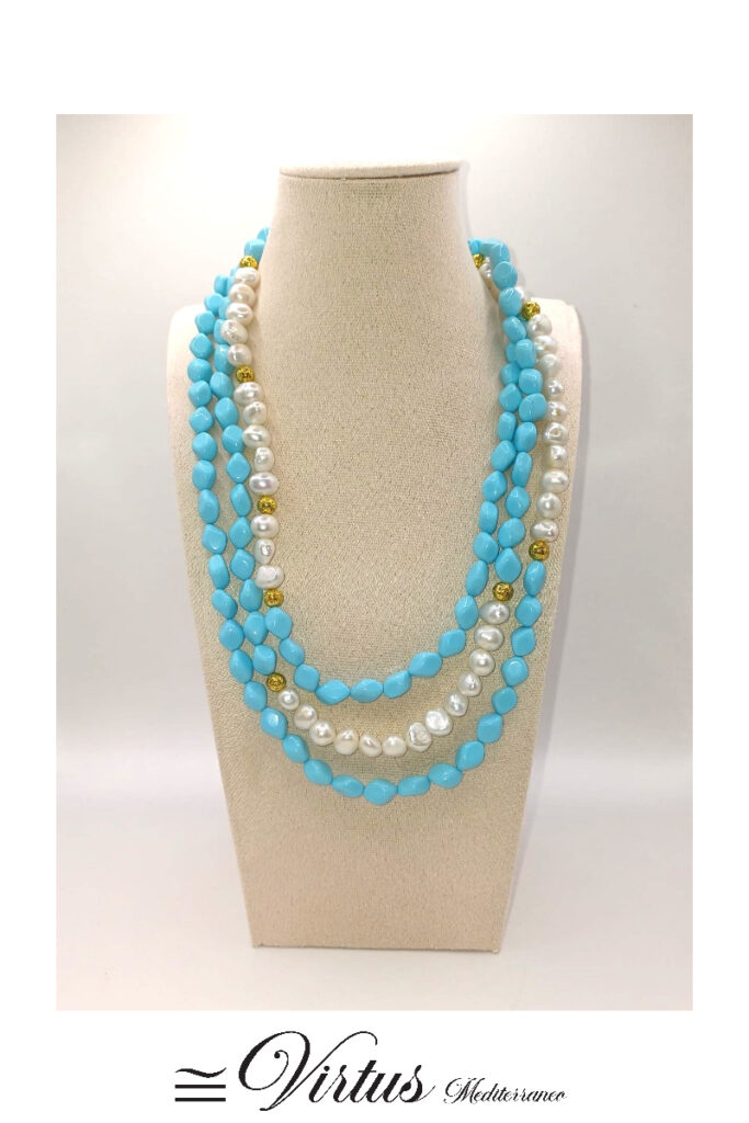 Collana Perle di acqua dolce e Turchese a sfere a tre fili con chiusura in argento 925