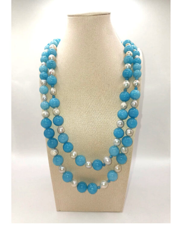 Collana a due fili con Angelite e Perle con chiusura in argento 925