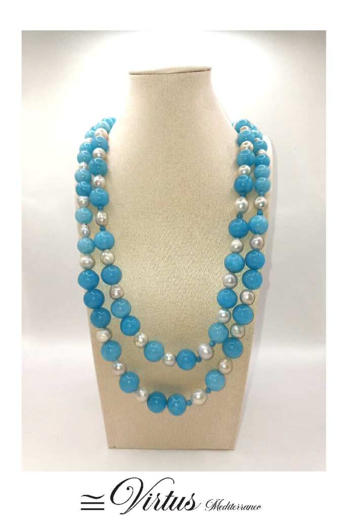 Collana a due fili con Angelite e Perle con chiusura in argento 925