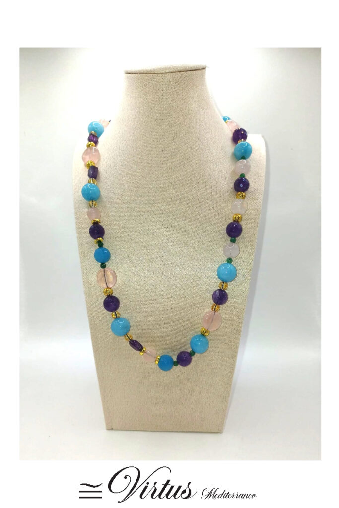 Collana un filo di Quarzo rosa, Citrigno, Giada ed Ematite con chiusura in argento 925