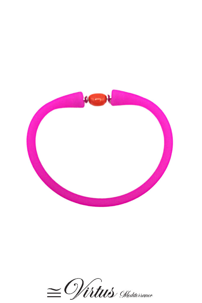 Bracciale artigianale in elastomero rosa ed inserto in corallo Sciacca