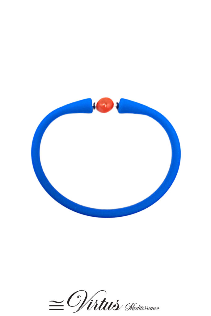 Bracciale artigianale in elastomero blu ed inserto in corallo Sciacca