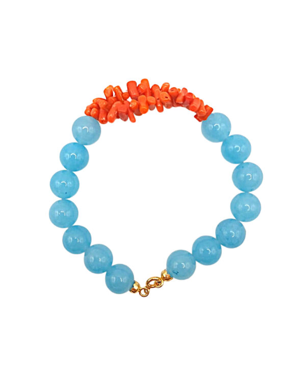 Bracciale artigianale con sfere in angelite e doppio filo di corallo Sciacca su argento 925
