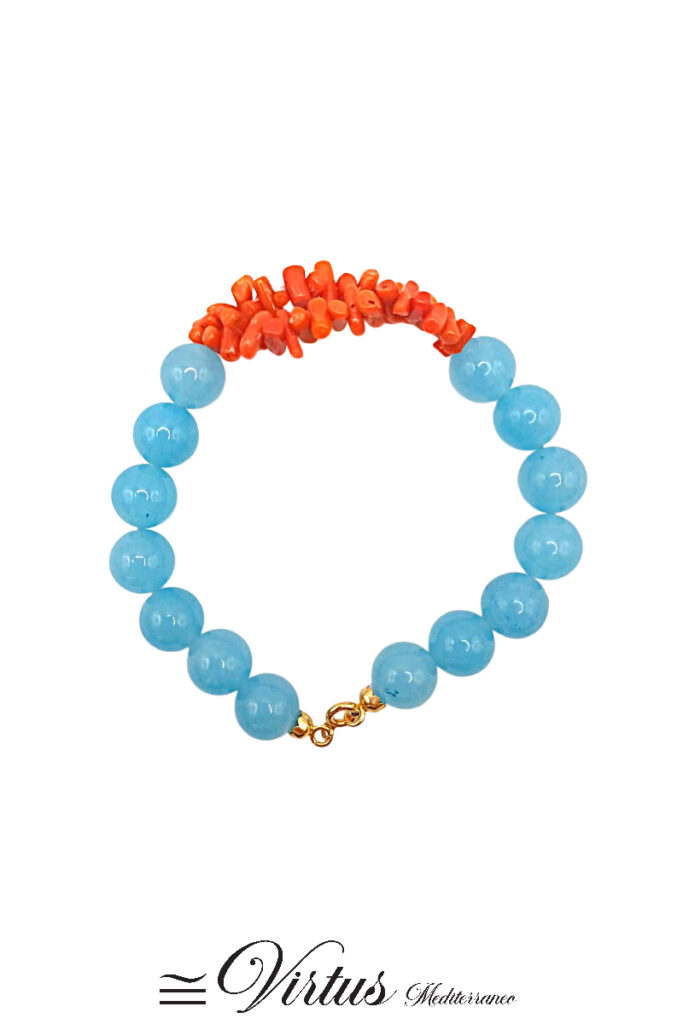 Bracciale artigianale con sfere in angelite e doppio filo di corallo Sciacca su argento 925