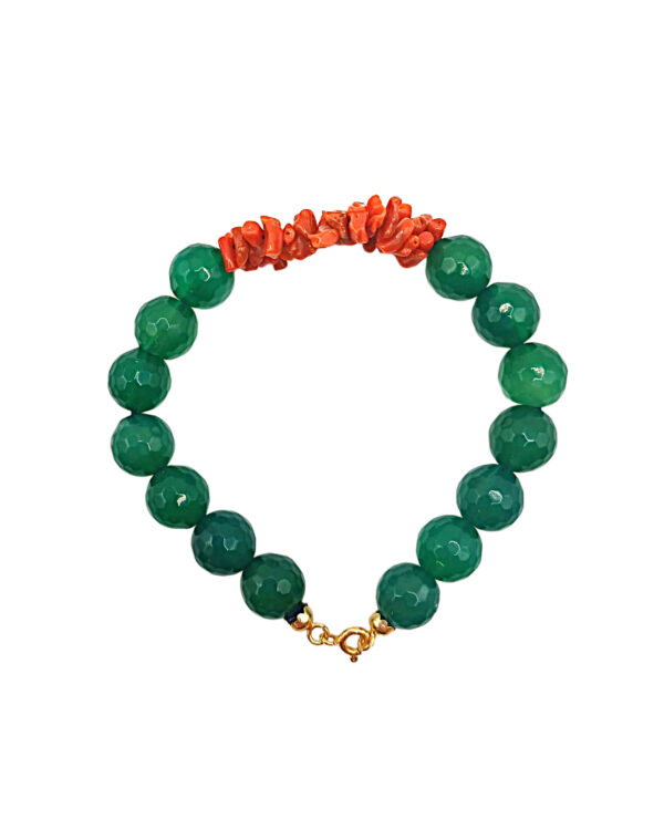 Bracciale artigianale con sfere in giada e doppio filo di corallo Sciacca su argento 925
