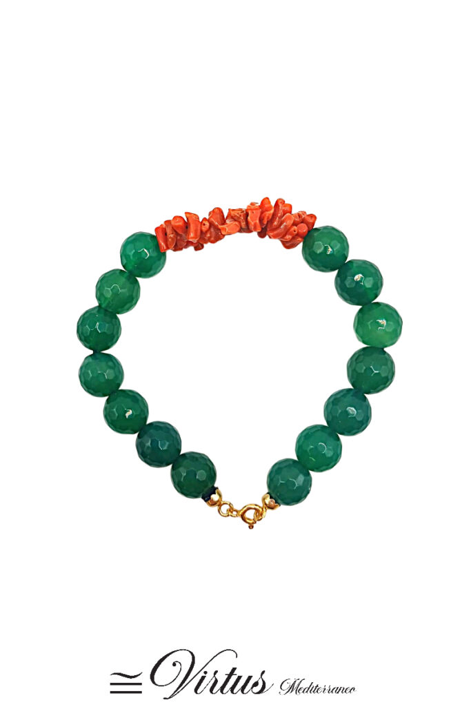 Bracciale artigianale con sfere in giada e doppio filo di corallo Sciacca su argento 925