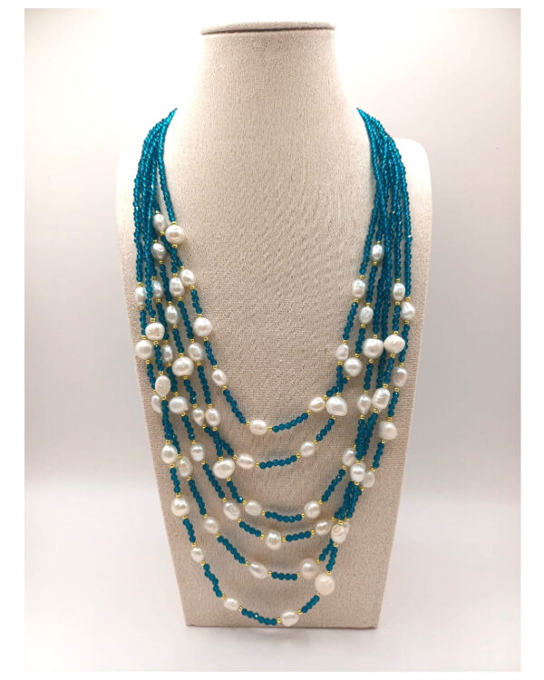 Collana artigianale in 6 fili di perle e cristalli azzurri