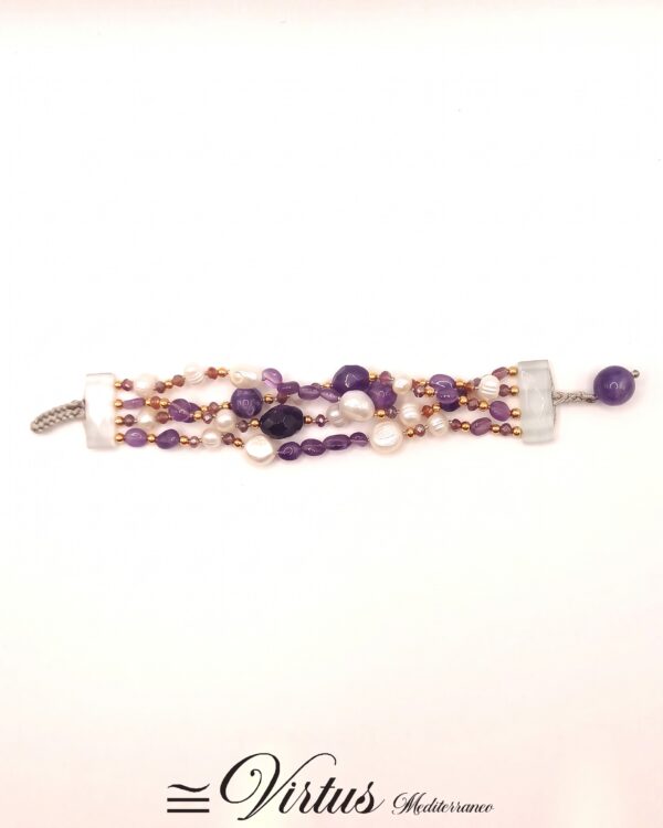 Bracciale artigianale a 4 fili di ametista e perle