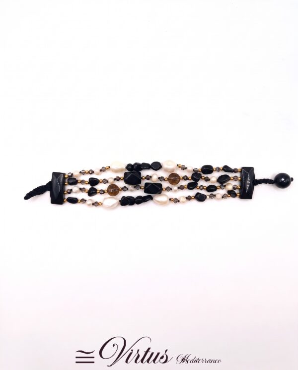 Bracciale artigianale a 4 fili di onice, perle e quarzo fumé