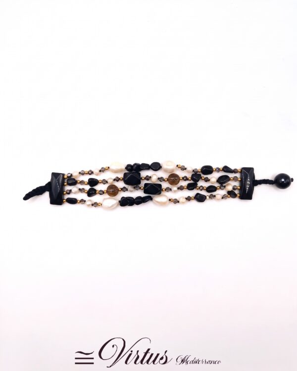 Bracciale artigianale a 4 fili di onice, perle e quarzo fumé