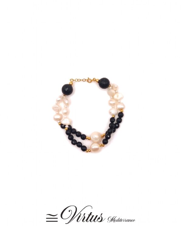 Bracciale artigianale a 2 fili in onice e perle
