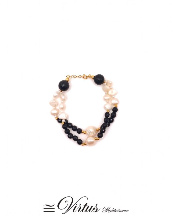 Bracciale artigianale a 2 fili in onice e perle