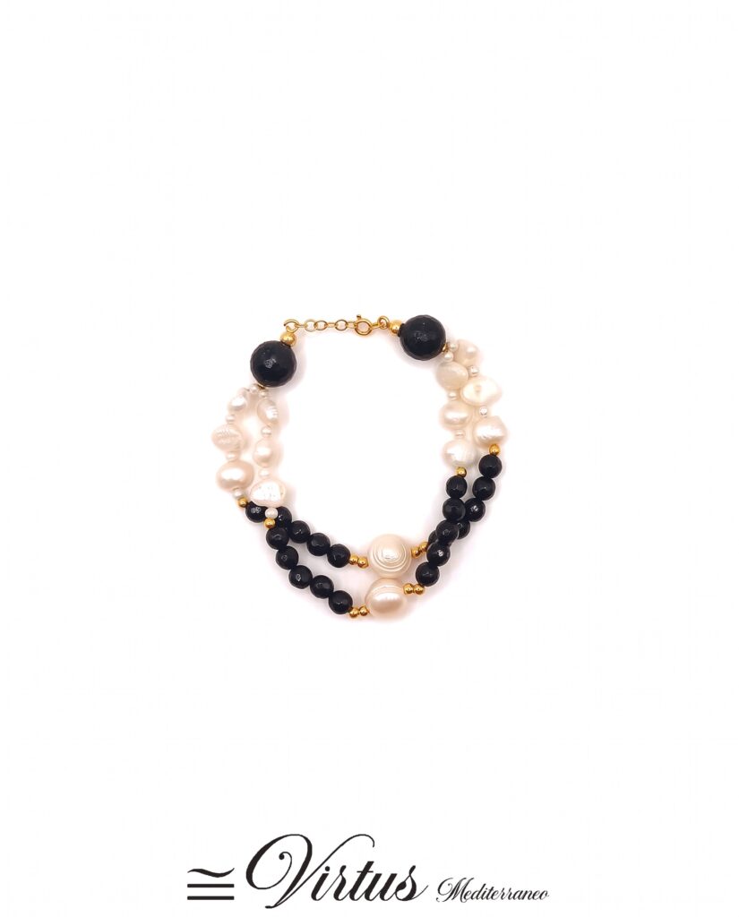 Bracciale artigianale a 2 fili in onice e perle