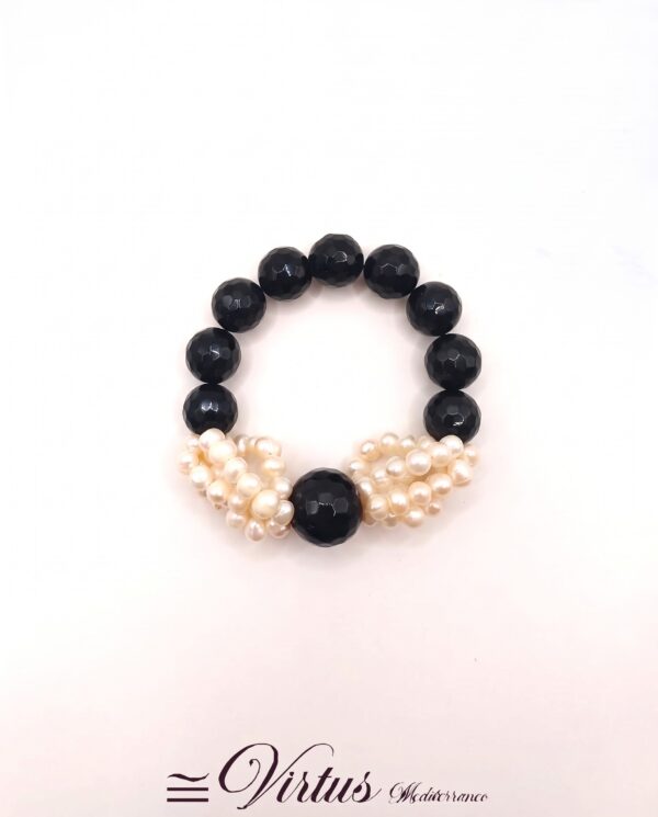 Bracciale artigianale elastico in onice grande e piccole perle