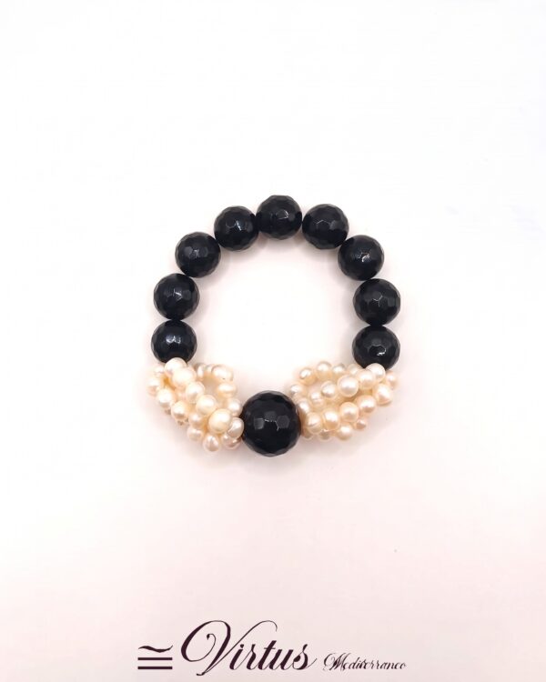 Bracciale artigianale elastico in onice grande e piccole perle